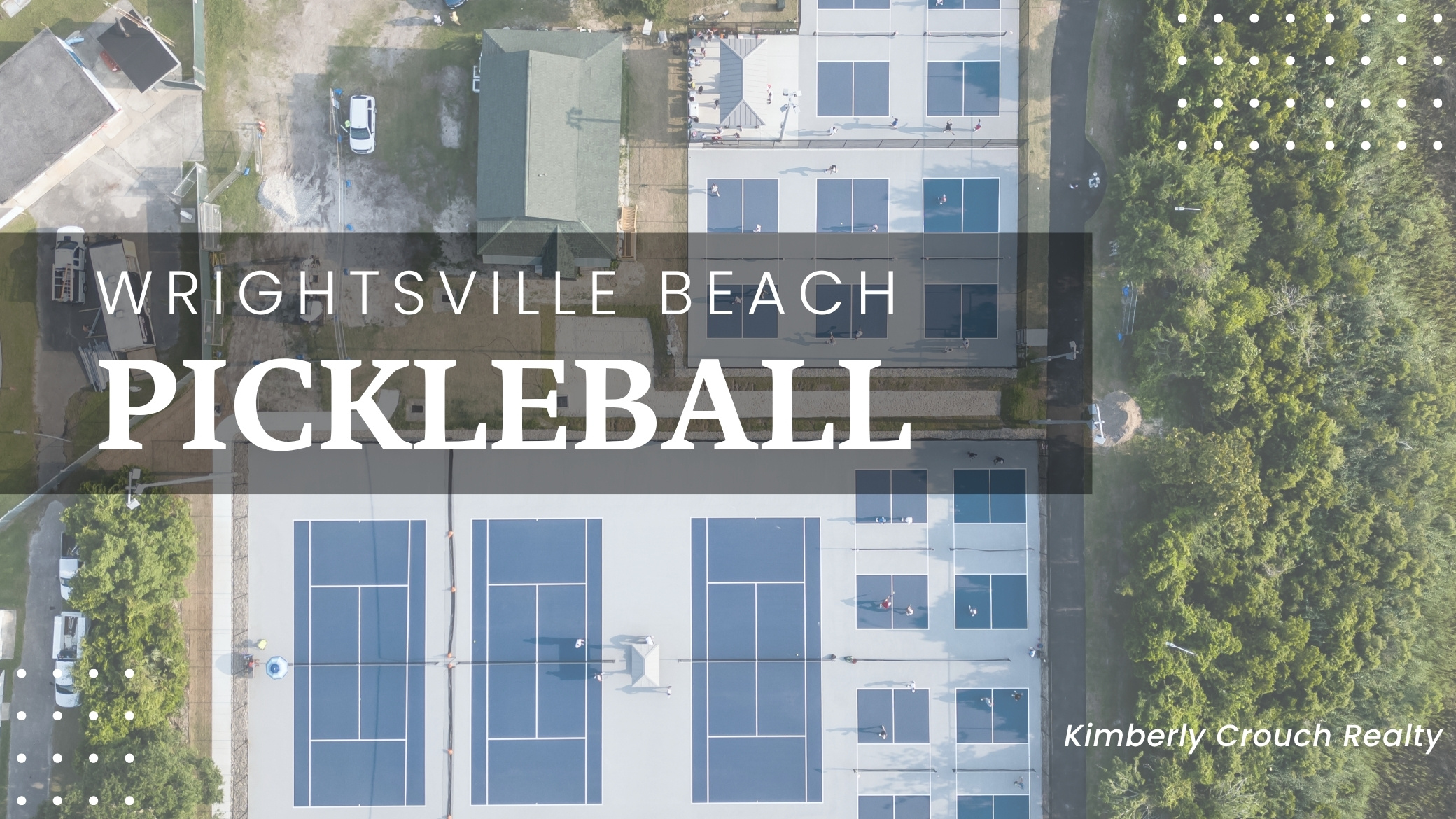 Aerial view of pickleball courts at Wrightsville Beach Park with players on the court and ocean in the background