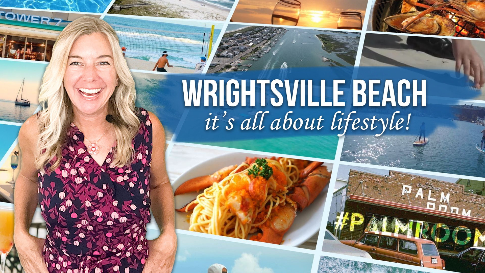 A sunny summer day in Wrightsville Beach, NC with people paddleboarding and enjoying oceanfront dining